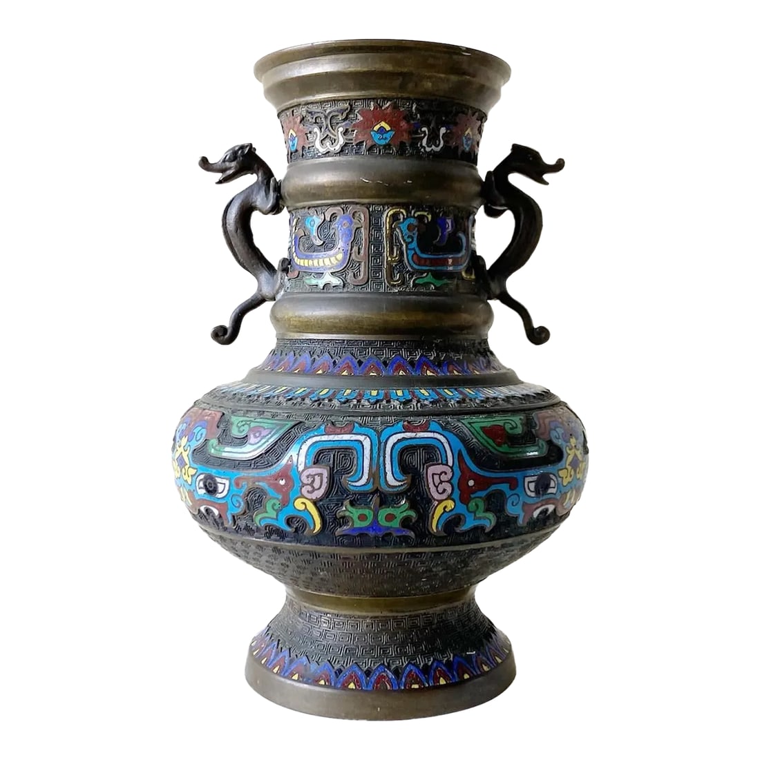 Early 20th Century Japanese Champleve Brass Vase: Exceptional early 20th century Japanese brass champleve. Features vibrant enameled decorative designs throughout the vase. Condition: Alterations: Original Condition Unaltered Imperfections: Some