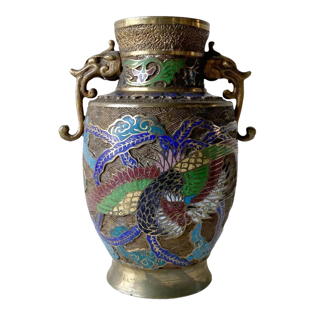 Vintage Japanese Brass Champleve Vase With Dragon Enamel: Amazing early 20th century Japanese brass champleve vases features a vibrant colorful enamel design depicting dragons. Condition: Alterations: Original Condition Unaltered Imperfections: Some