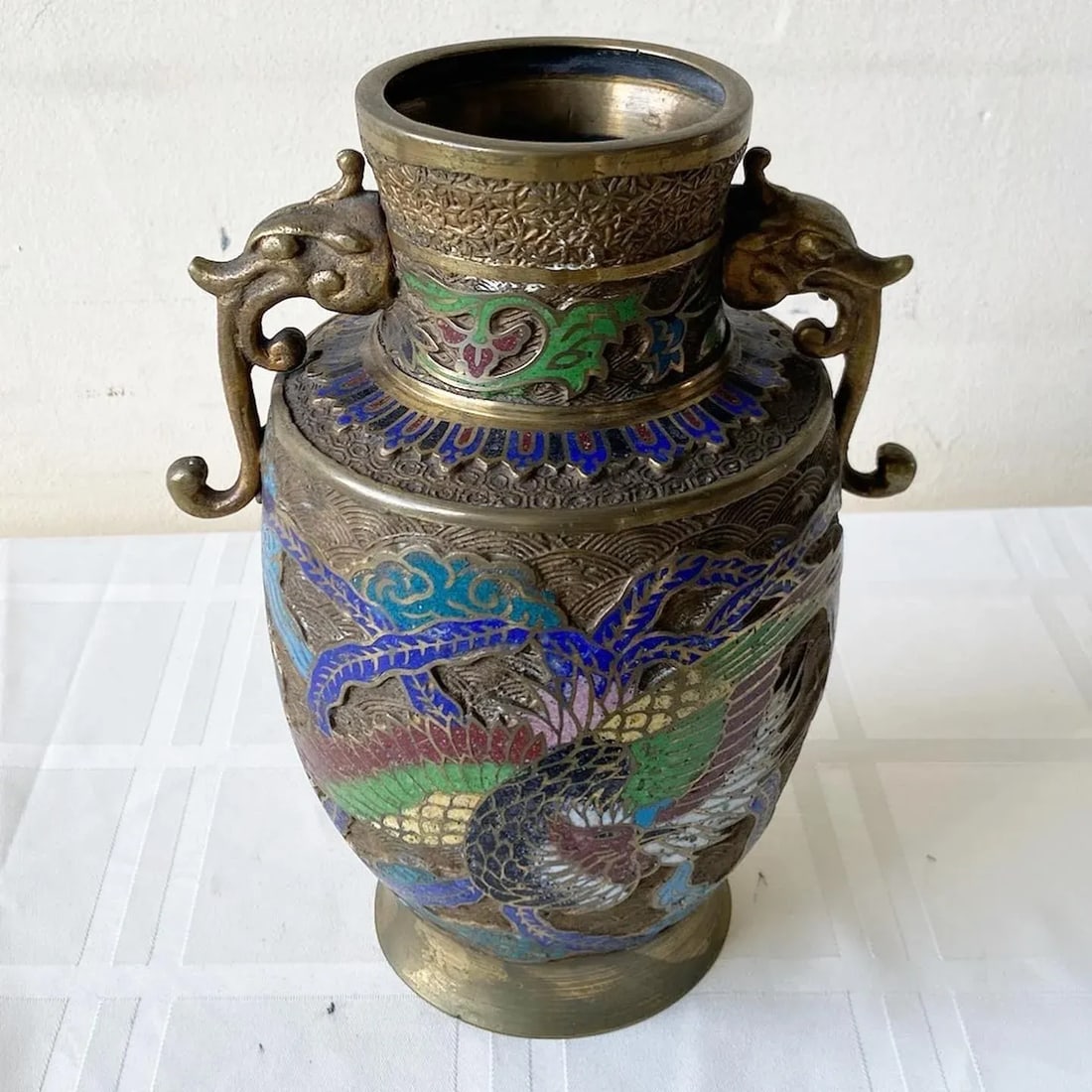 Vintage Japanese Brass Champleve Vase With Dragon Enamel - 2