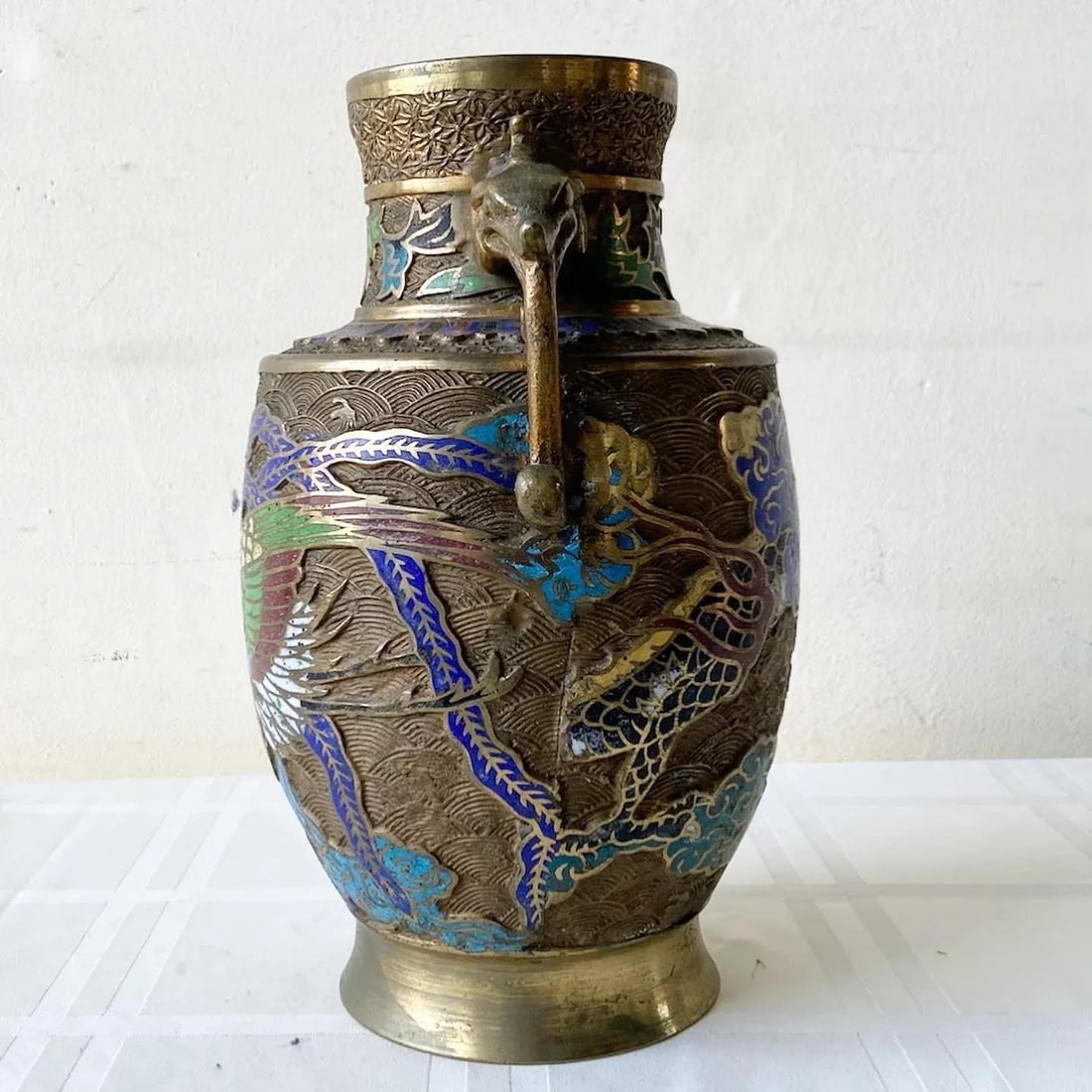 Vintage Japanese Brass Champleve Vase With Dragon Enamel - 3