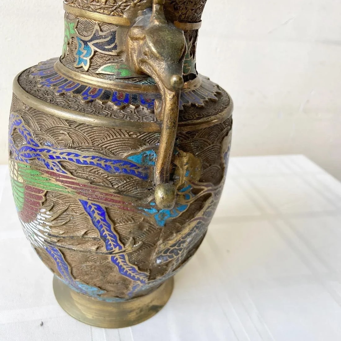 Vintage Japanese Brass Champleve Vase With Dragon Enamel - 5