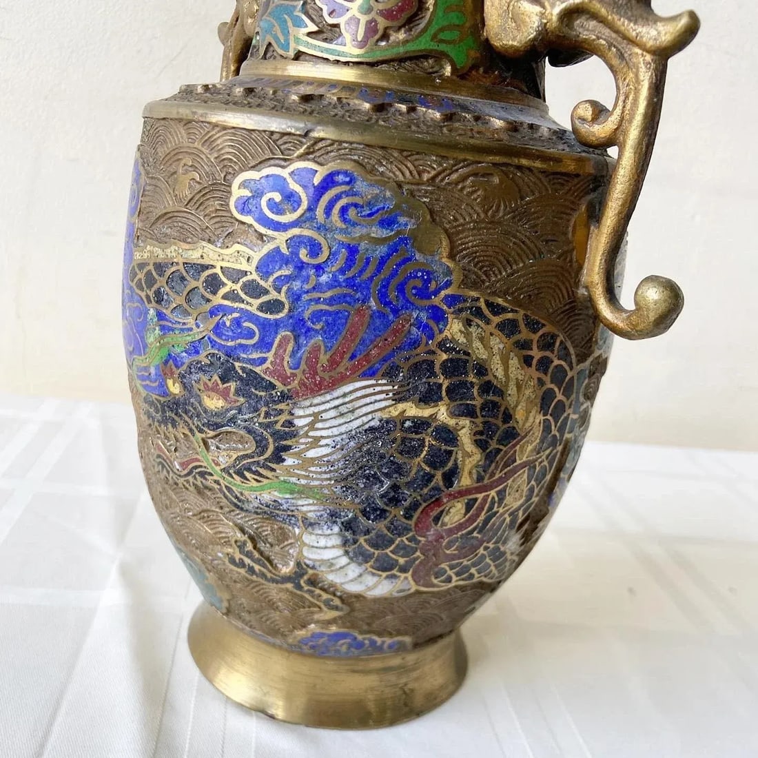Vintage Japanese Brass Champleve Vase With Dragon Enamel - 6