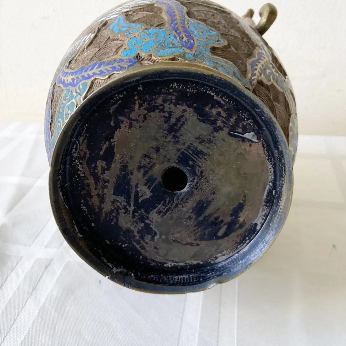 Vintage Japanese Brass Champleve Vase With Dragon Enamel - 7