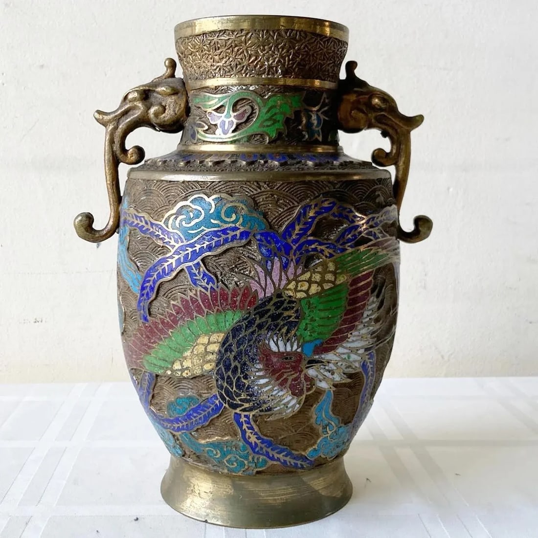 Vintage Japanese Brass Champleve Vase With Dragon Enamel - 8