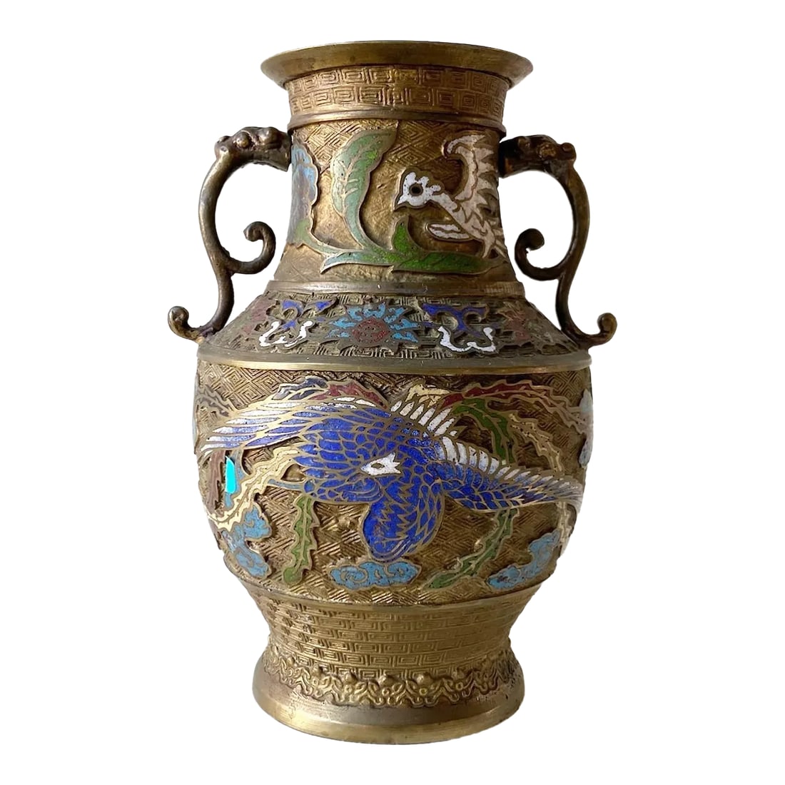 Vintage Japanese Brass Champleve Vase With Ornate Handles: Stunning early 20th century Japanese brass champleve vase. Features a vibrant enamel design throughout the vase. Condition: Alterations: Original Condition Unaltered Imperfections: Some Imperfections 