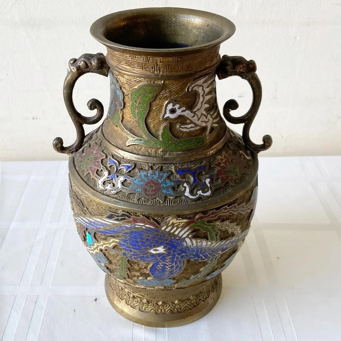Vintage Japanese Brass Champleve Vase With Ornate Handles - 2