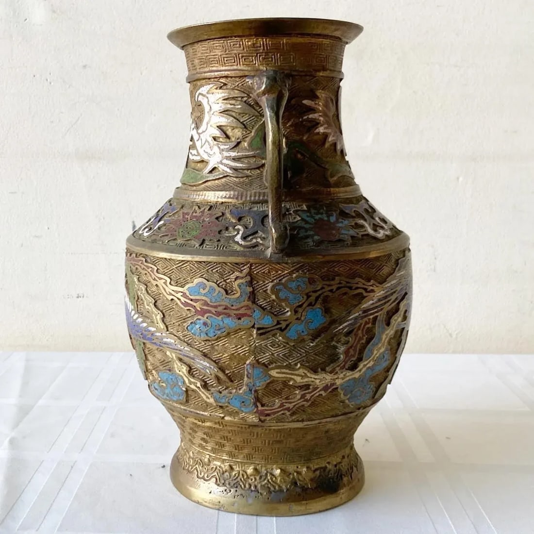 Vintage Japanese Brass Champleve Vase With Ornate Handles - 3