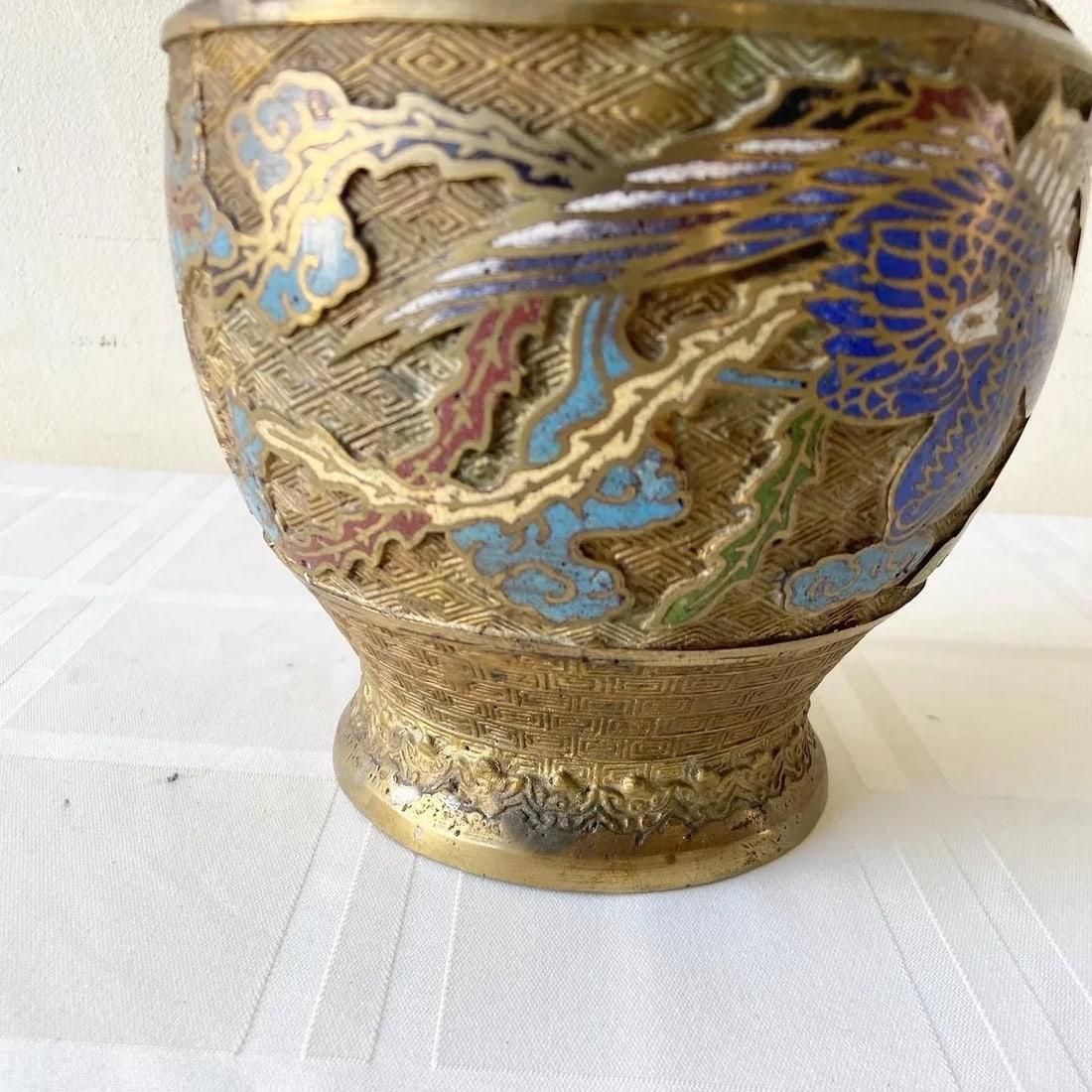 Vintage Japanese Brass Champleve Vase With Ornate Handles - 4