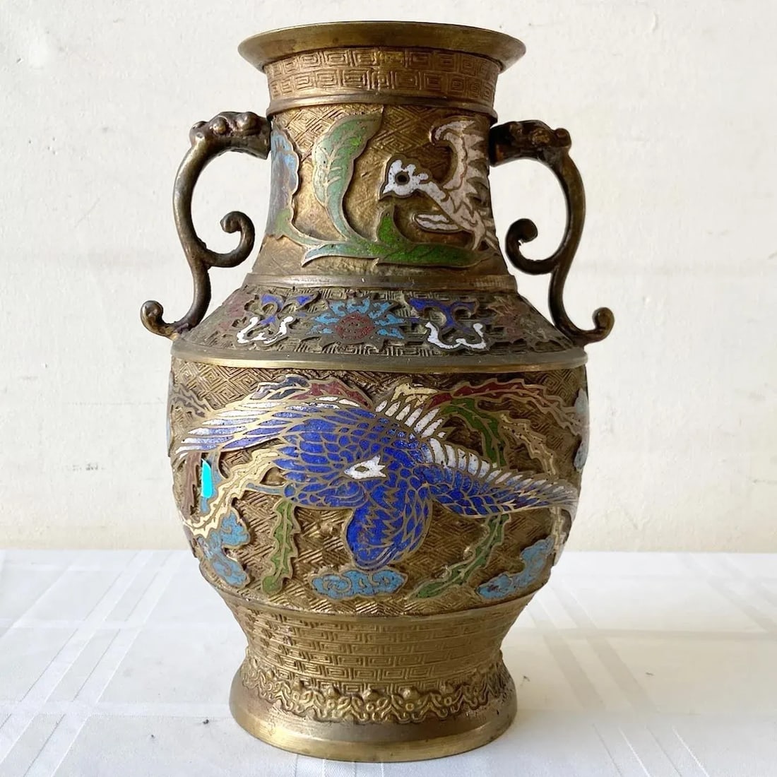 Vintage Japanese Brass Champleve Vase With Ornate Handles - 8