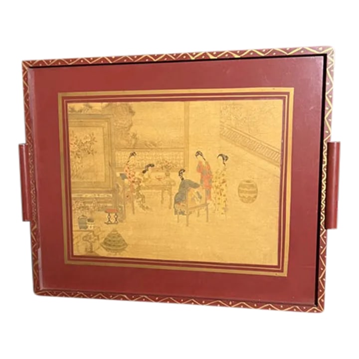 Antique Asian Chinoiserie Tray: Beautiful antique Asian chinoiserie tray. The natural cracking in the center gives it an amazing touch. Adorned with smaltz paint designs. Great addition to any collection! Please check out my other