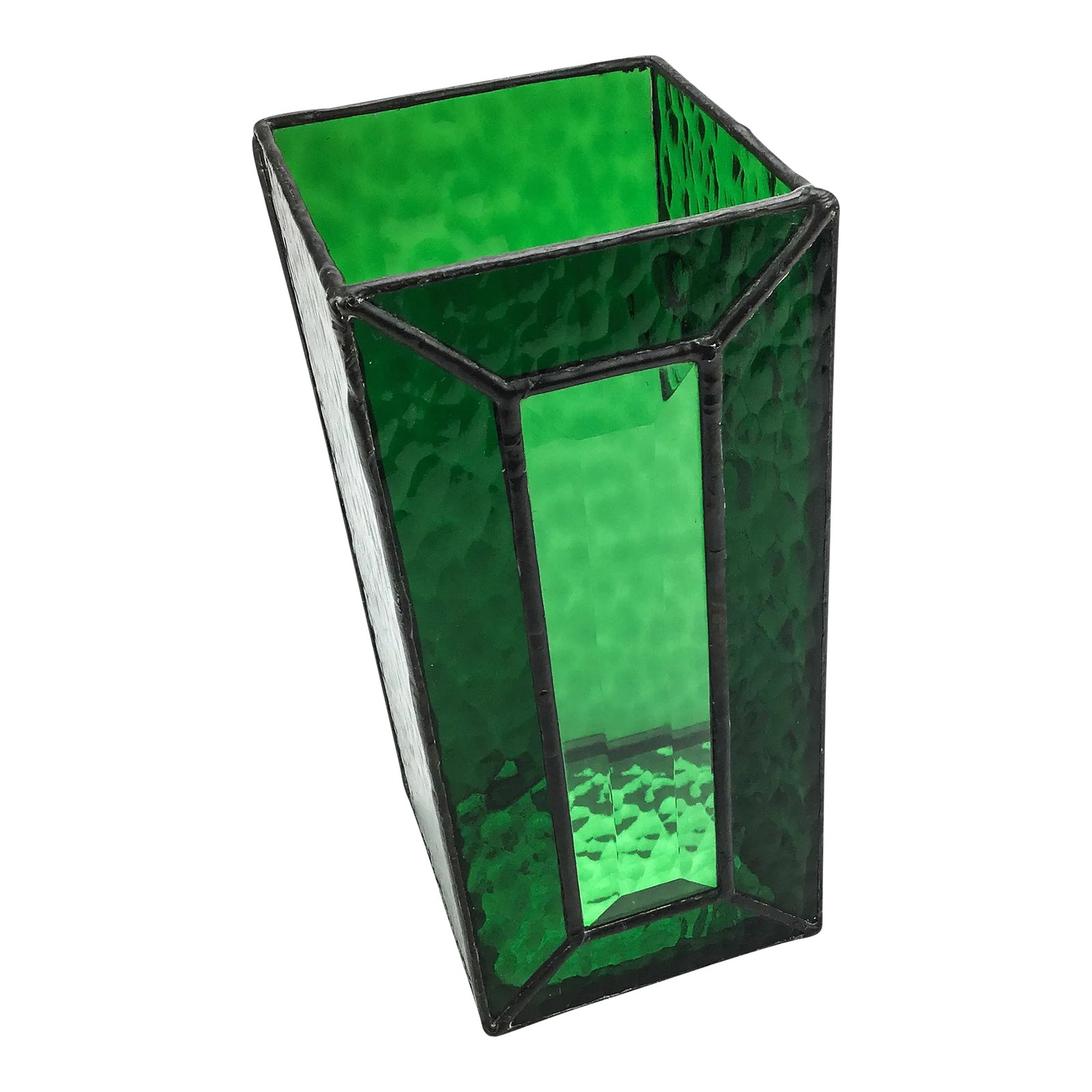 Stained Glass in Lead Frame Candle Stand: Gorgeous deep green mottled glass is framed with lead and completed with a mirror on the bottom. The flicker of the candle is truly enhanced by the mirror. The front window is a nice beveled clear gla