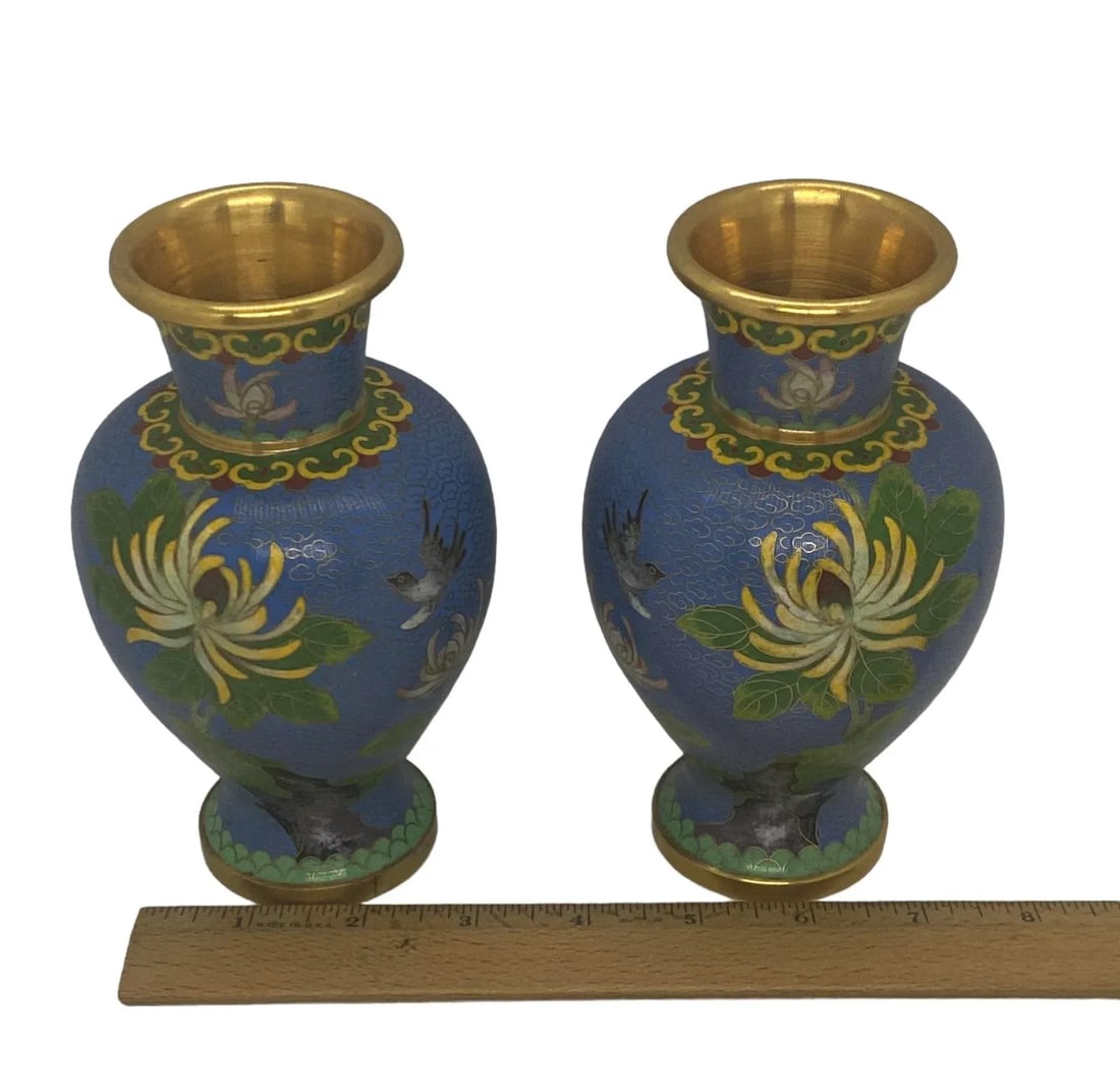 Vintage Mid 20th Century Blue Cloisonne Vases With Floral & Bird Design - a Pair - 11