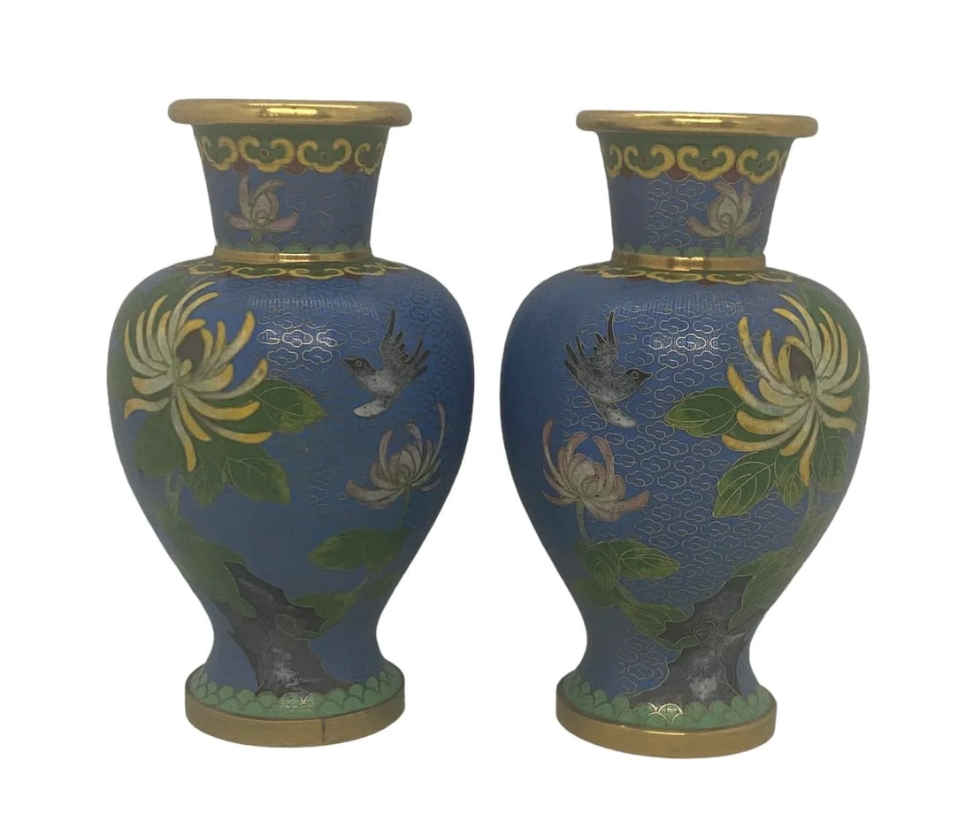 Vintage Mid 20th Century Blue Cloisonne Vases With Floral & Bird Design - a Pair - 12