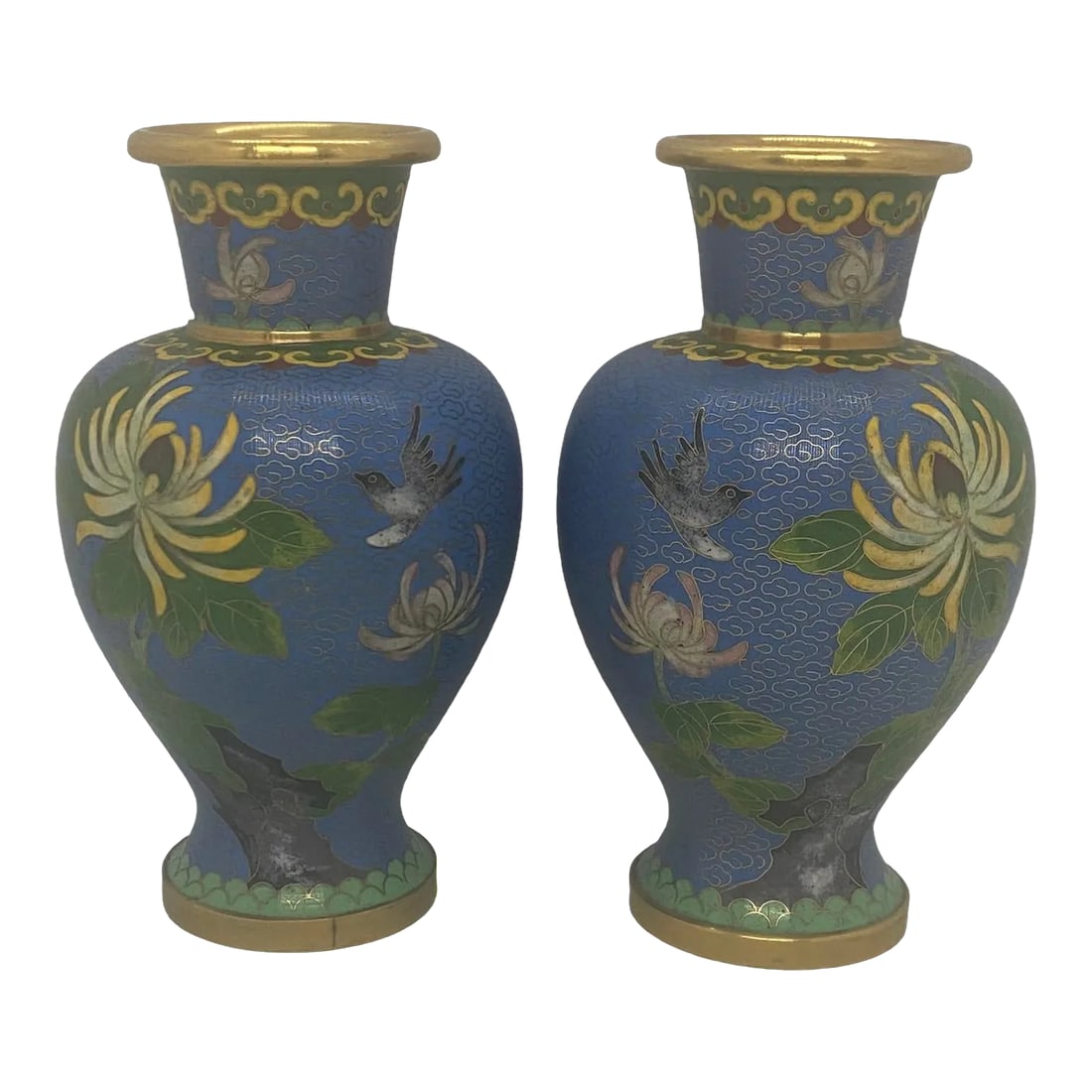 Vintage Mid 20th Century Blue Cloisonne Vases With Floral & Bird Design - a Pair: Exquisite Pair of Vintage Matching Blue Cloisonne 6.25" Vases With Floral and Bird Design. These lovely vases are in excellent condition with vibrant blue, gold, yellow, white, red and green colors. T