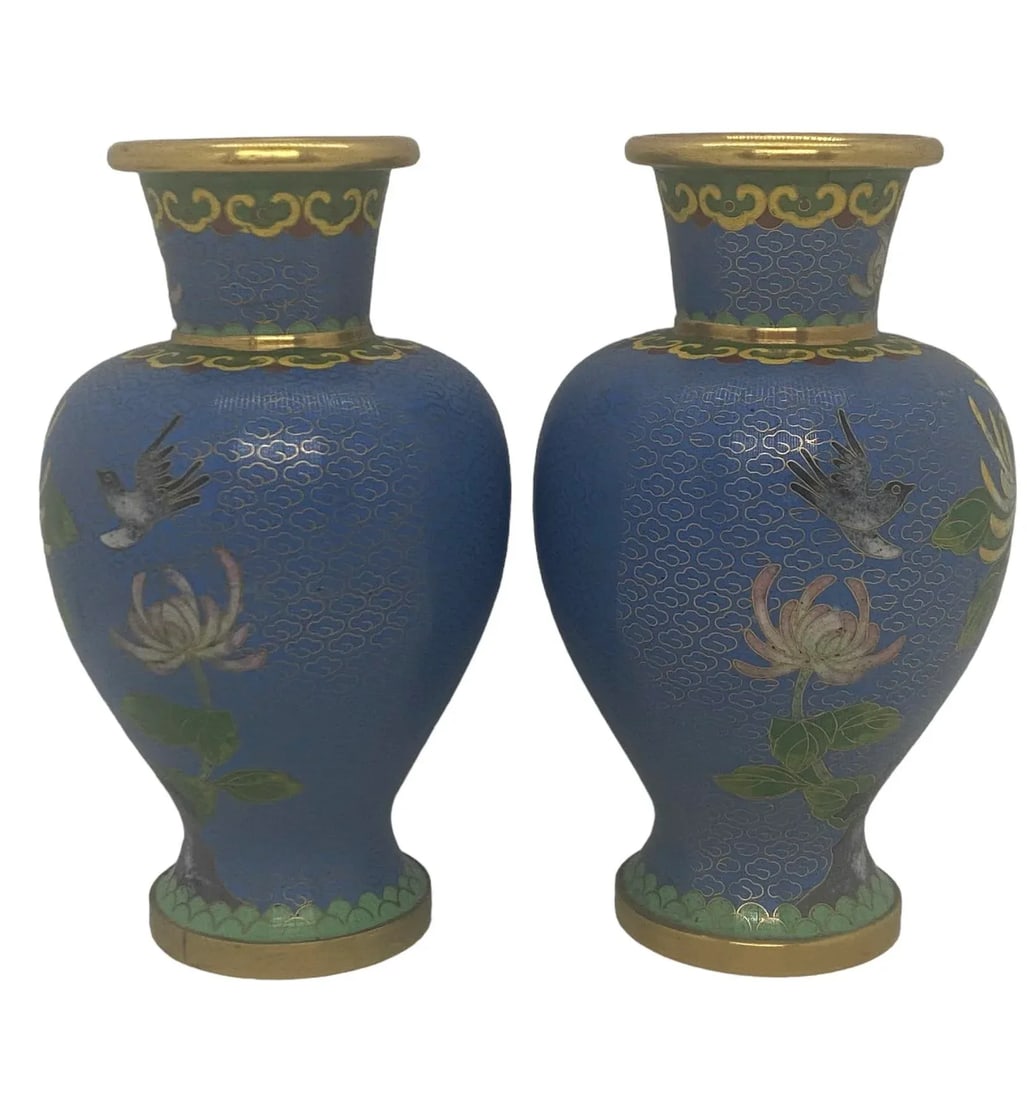 Vintage Mid 20th Century Blue Cloisonne Vases With Floral & Bird Design - a Pair - 2