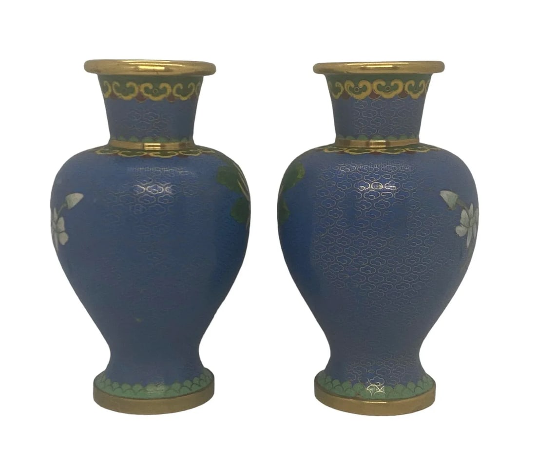 Vintage Mid 20th Century Blue Cloisonne Vases With Floral & Bird Design - a Pair - 4
