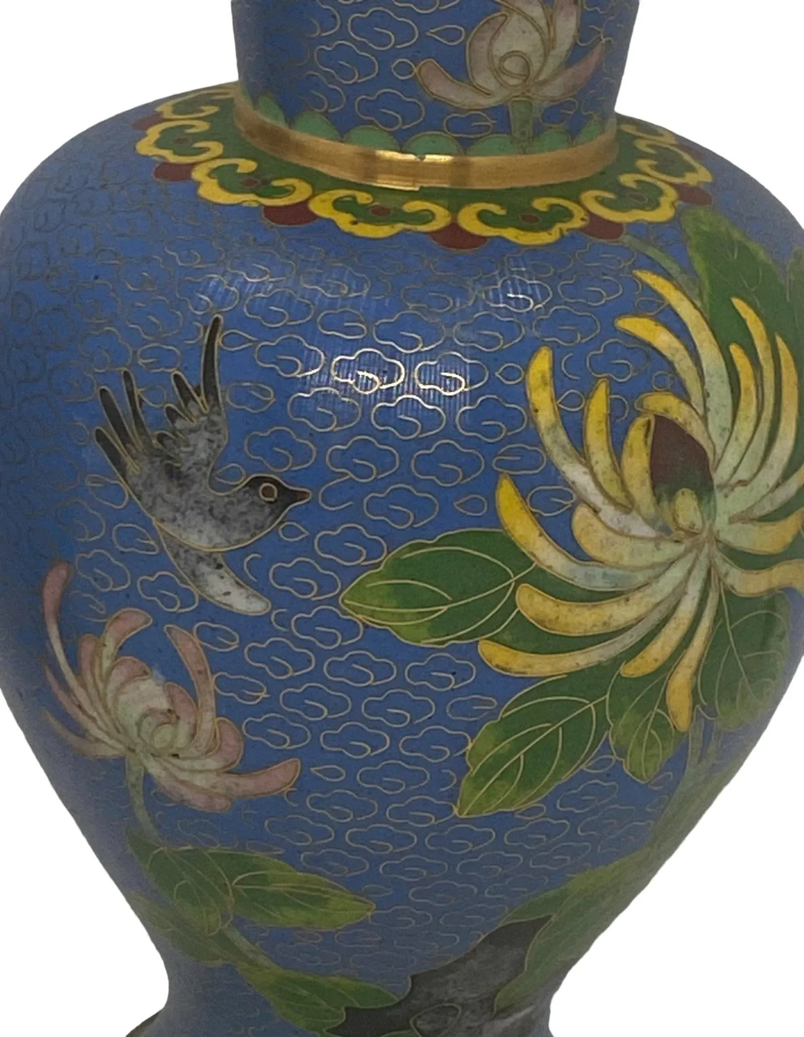 Vintage Mid 20th Century Blue Cloisonne Vases With Floral & Bird Design - a Pair - 6