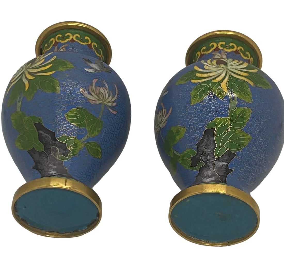 Vintage Mid 20th Century Blue Cloisonne Vases With Floral & Bird Design - a Pair - 8