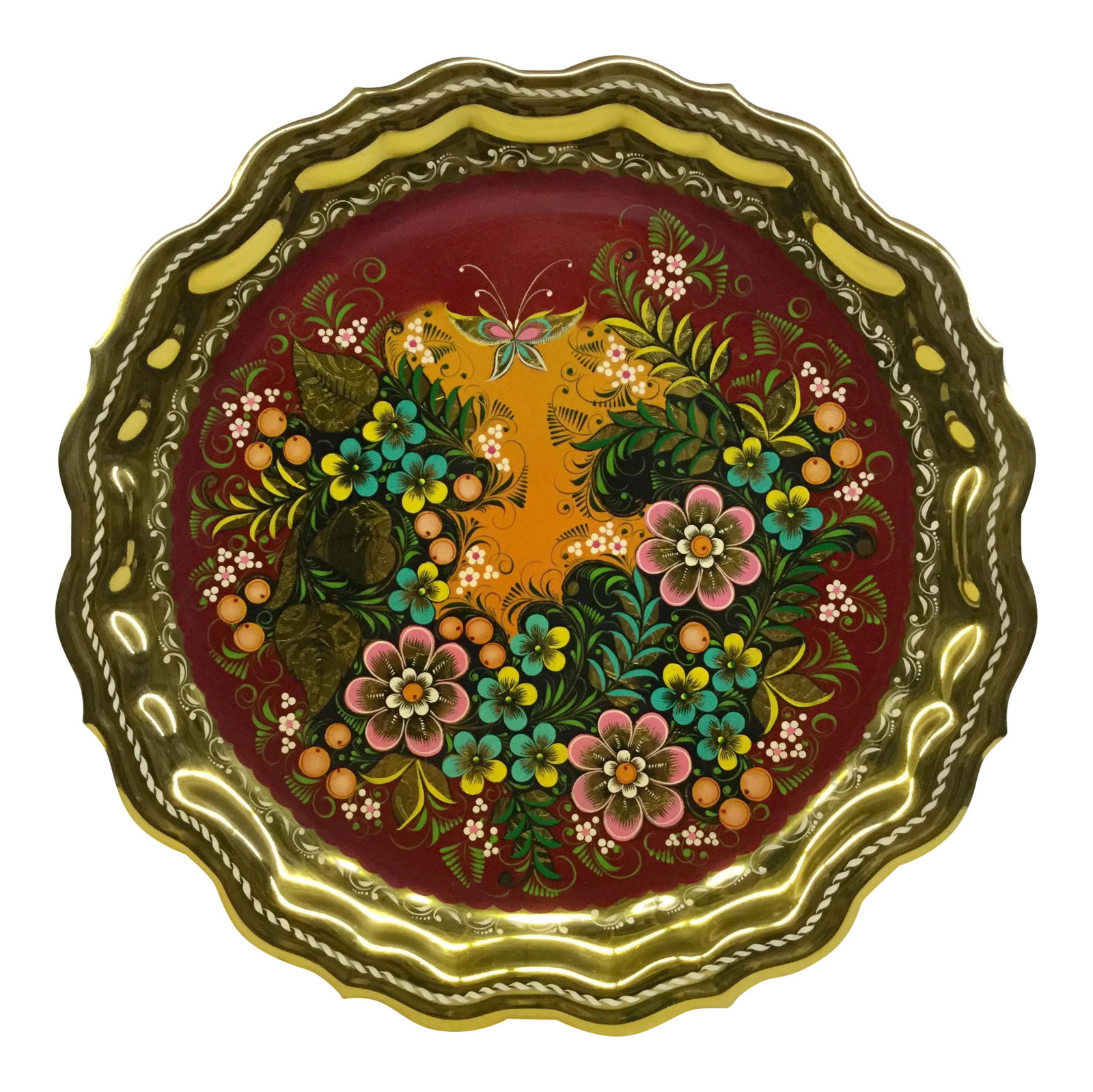 Gold Plate Hand Painted Serving Tray Bohemian: In mint condition this heavy tray is simply gorgeous. These colors are really in fashion now. I love the flower power. Perfect for the holidays. Condition: Condition Notes: Excellent - Minor wear