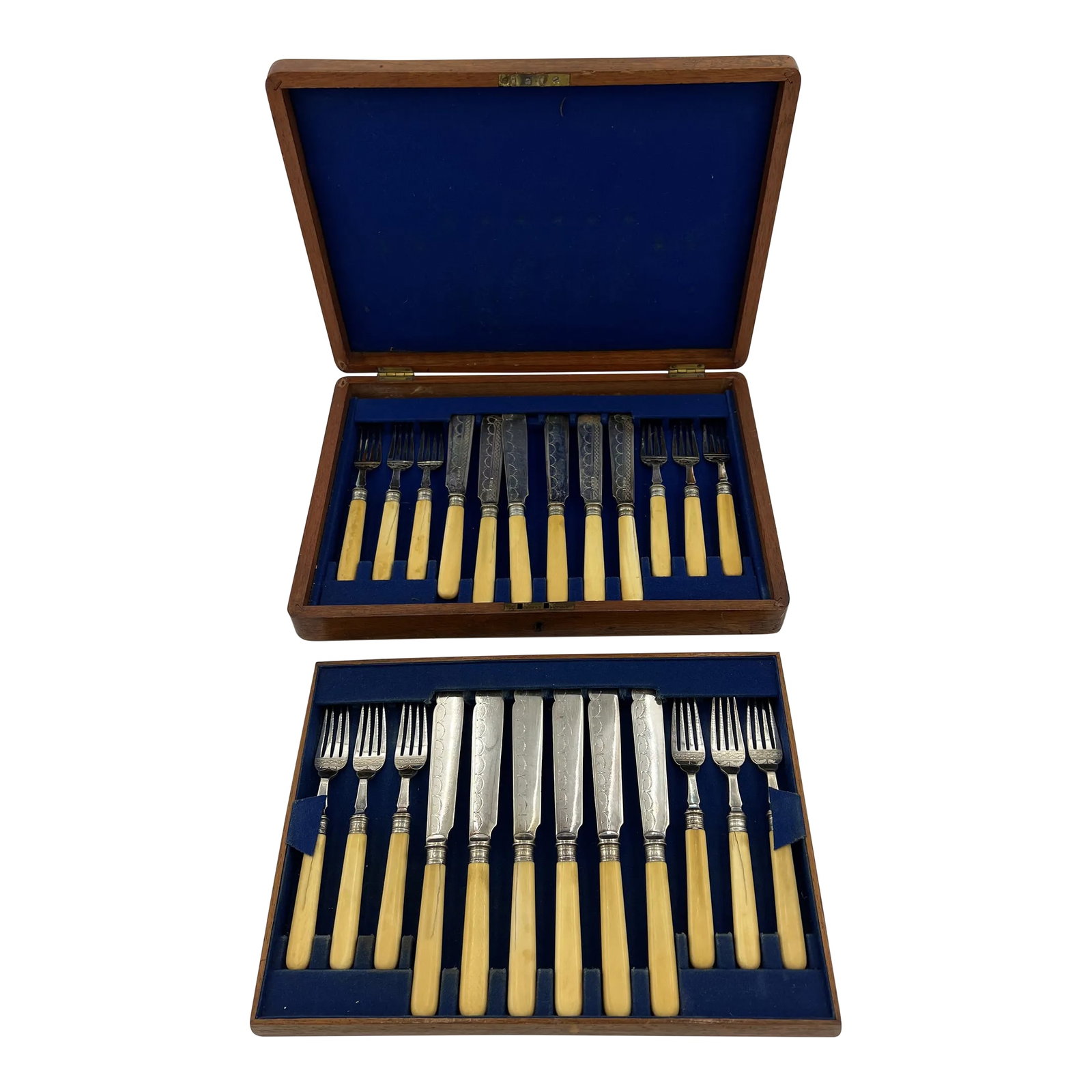Antique Cases Edwardian Akin Brothers Sheffield 24 Piece Dessert Service: An Edwardian cased dessert service with rare handles. See photos for evaluation. Fork - 7.25" Knife - 8.925" Condition: Alterations: Original Condition Unaltered Imperfections: Some Imperfections Cond
