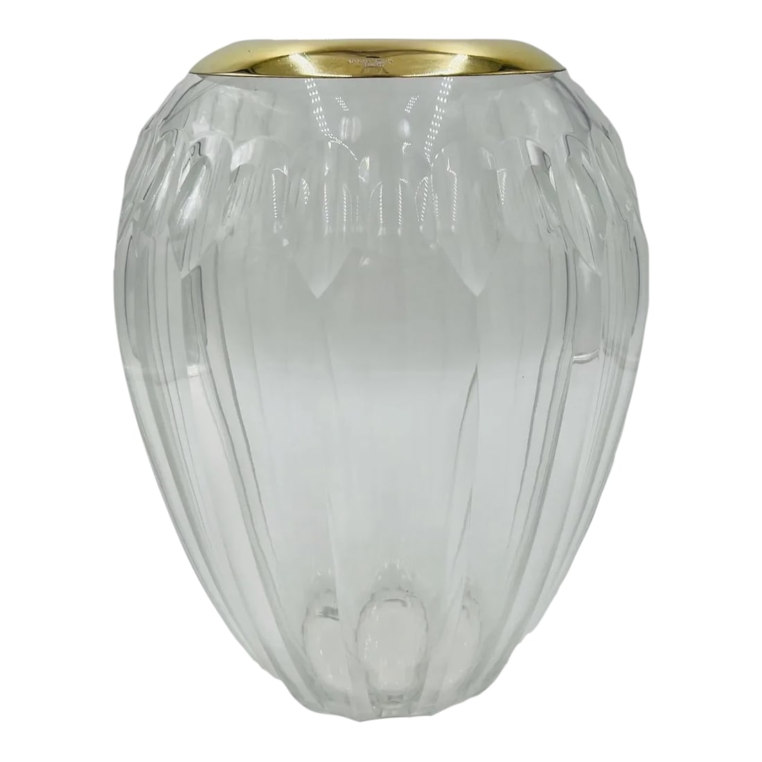 Tiffany & Company Vermeil Sterling Silver, Cut Crystal Centerpiece Vase: A Tiffany & Company gold over sterling silver banded crystal vase. The vase made of German cut crystal with faceting to main body. Marked "Sterling, Germany, Tiffany & Company". Vase itself is unmarke