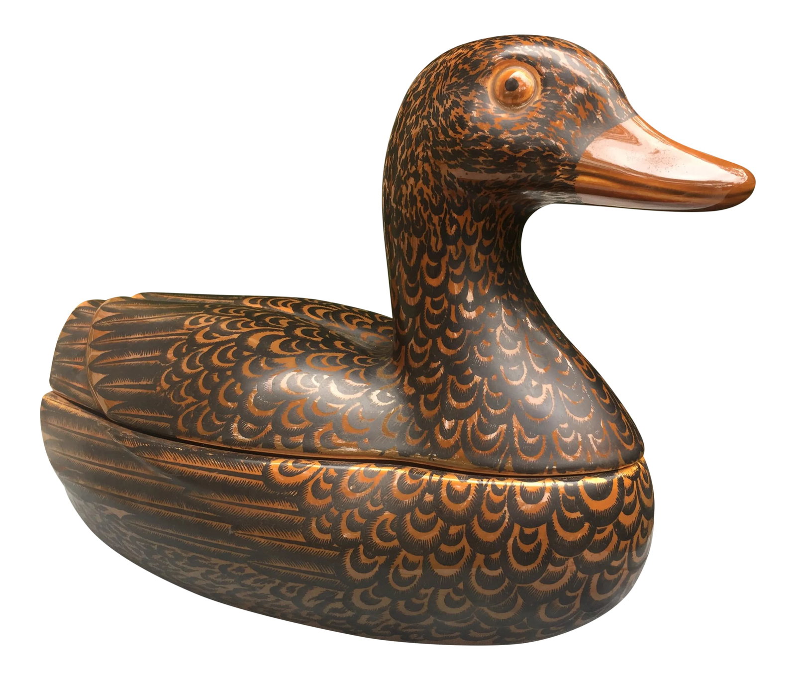 Piero Fornasetti for Fornasetti Milano Hand Painted Ceramic Duck Tureen: An early porcelain duck tureen and lid by Piero Fornasetti - "Anitra Decorata" Lithographically printed and hand colored in Italy, believed to be circa 1960. Marks to base. About Piero Fornasetti -