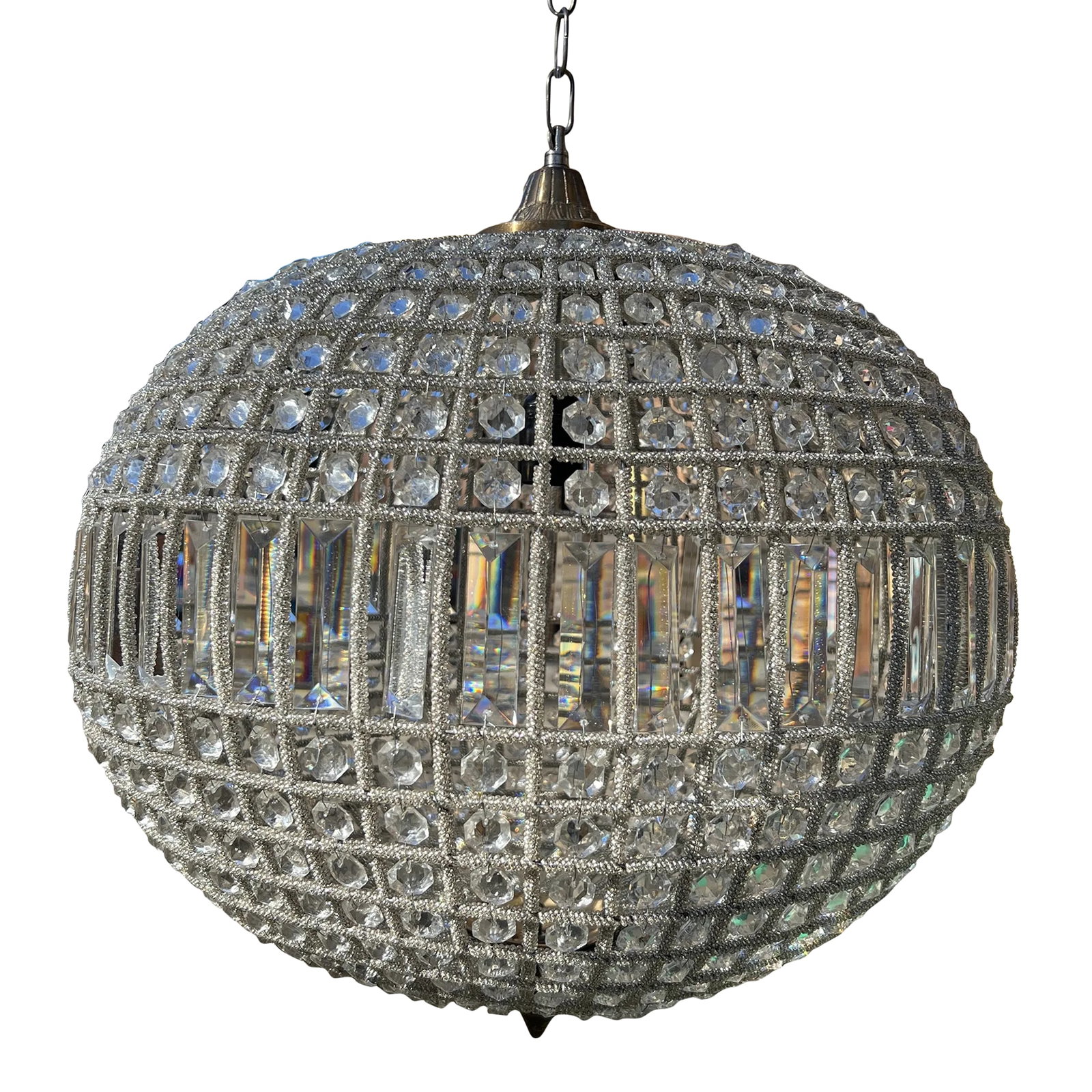 Contemporary Large French Sphere Crystal Chandelier: Gorgeous sphere chandelier. 14 inch chain and acanthus attached canopy Condition: Alterations: Original Condition Unaltered Imperfections: Some Imperfections Condition Notes: Total height, including