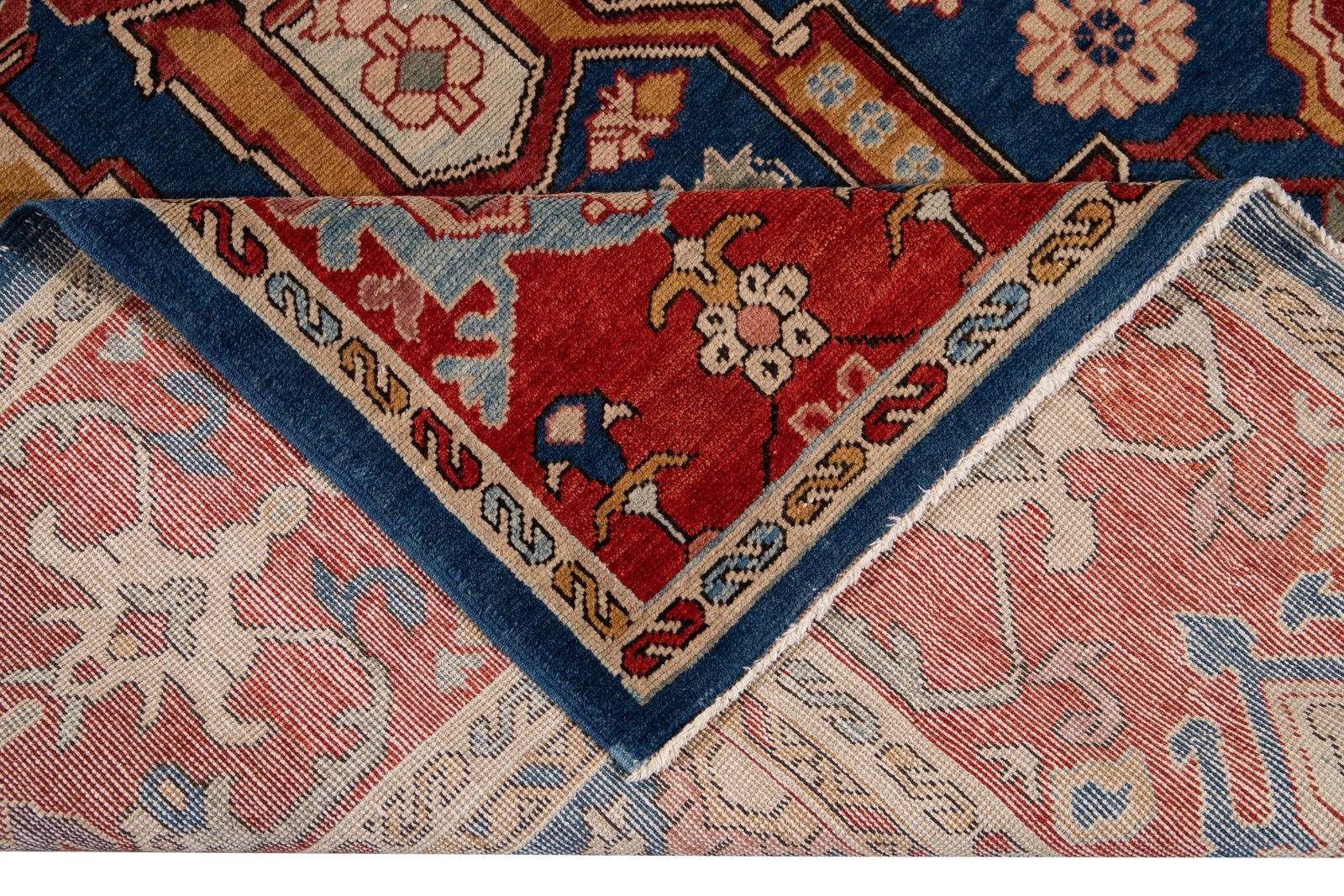 Red Vintage Turkish Handmade Navy Blue Wool Rug With Allover Motif - 2