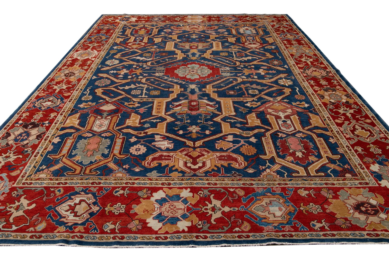 Red Vintage Turkish Handmade Navy Blue Wool Rug With Allover Motif - 3