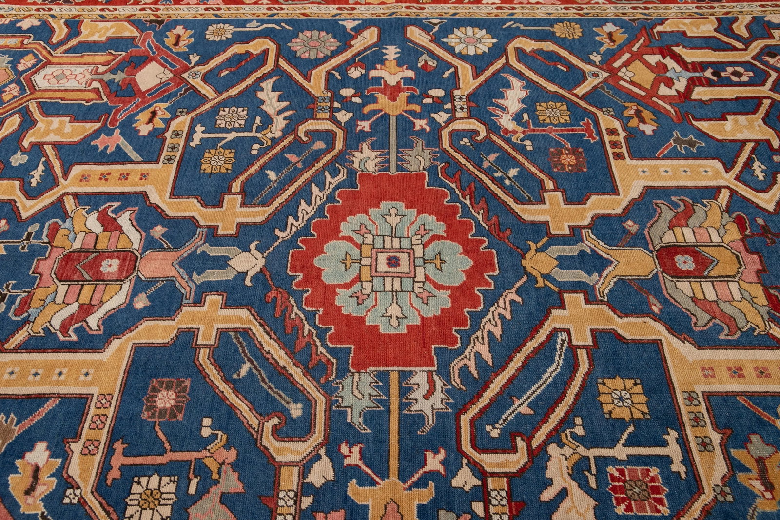 Red Vintage Turkish Handmade Navy Blue Wool Rug With Allover Motif - 6