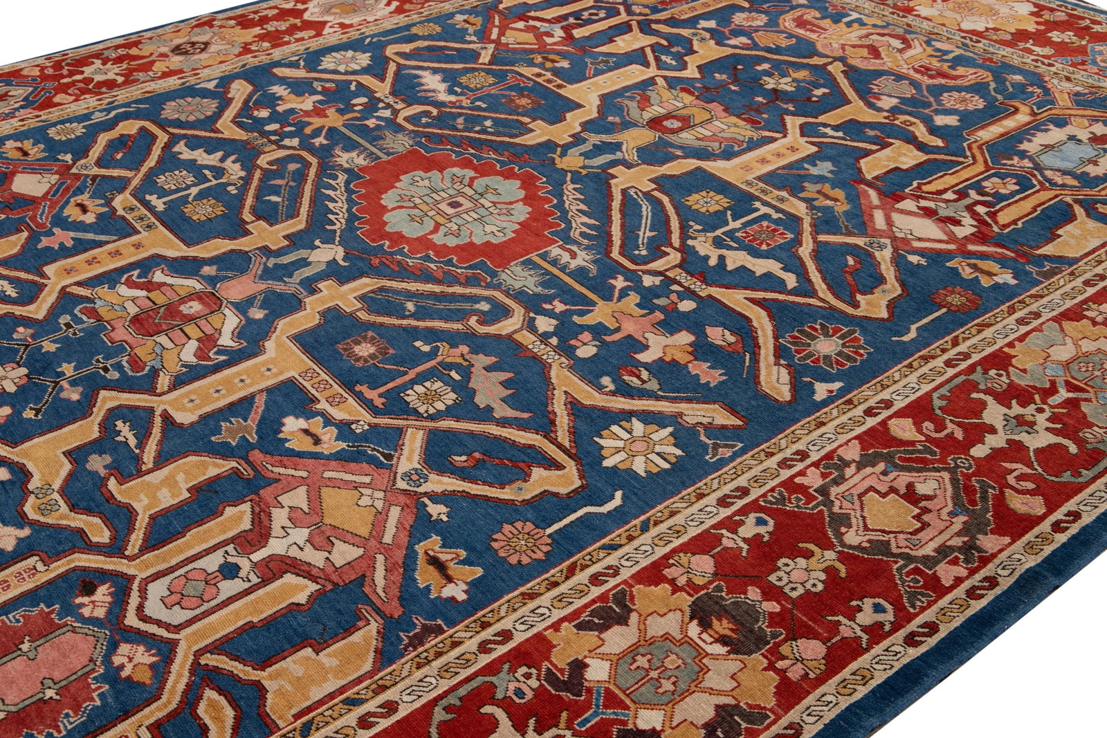 Red Vintage Turkish Handmade Navy Blue Wool Rug With Allover Motif - 7