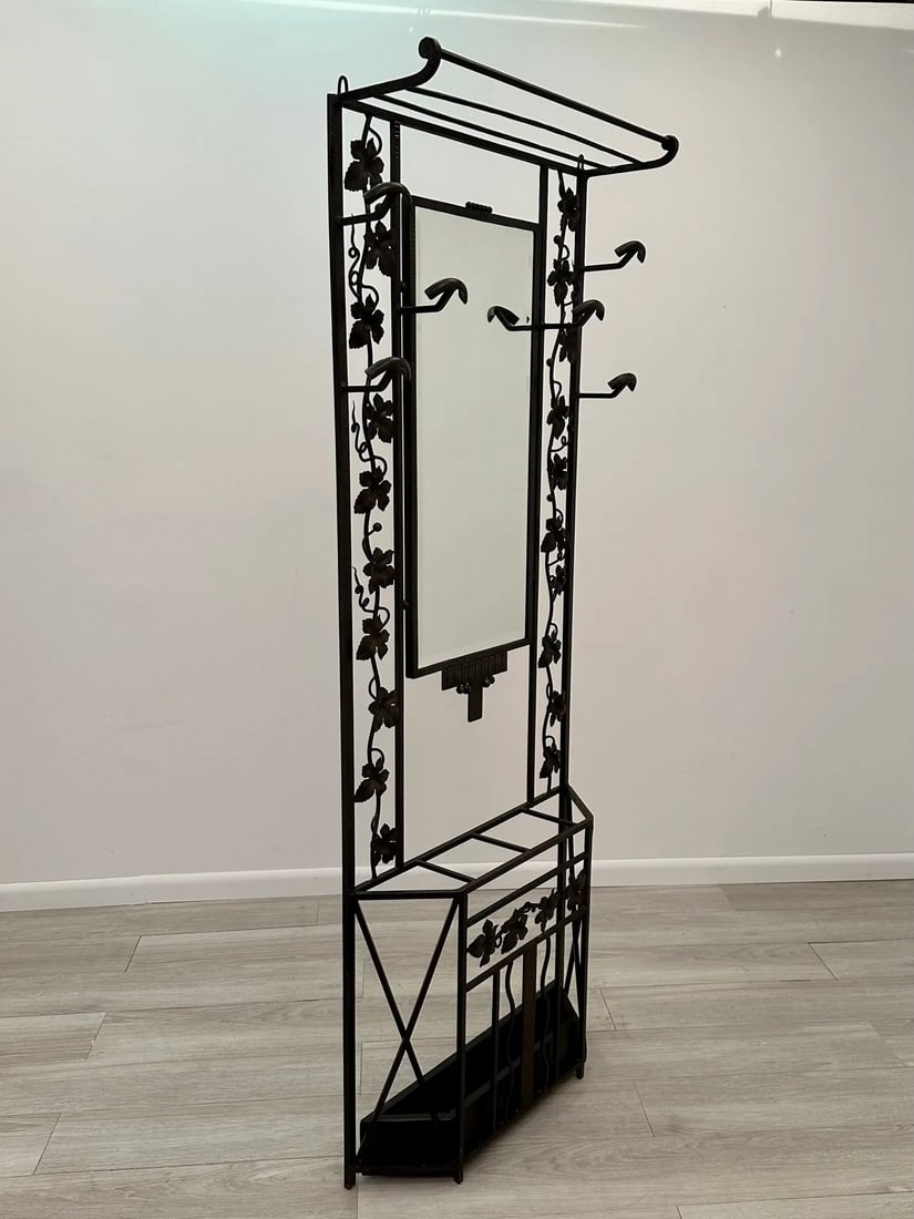 Vintage French Art Deco Iron Hall Hat & Coat Rack With Mirror - 10