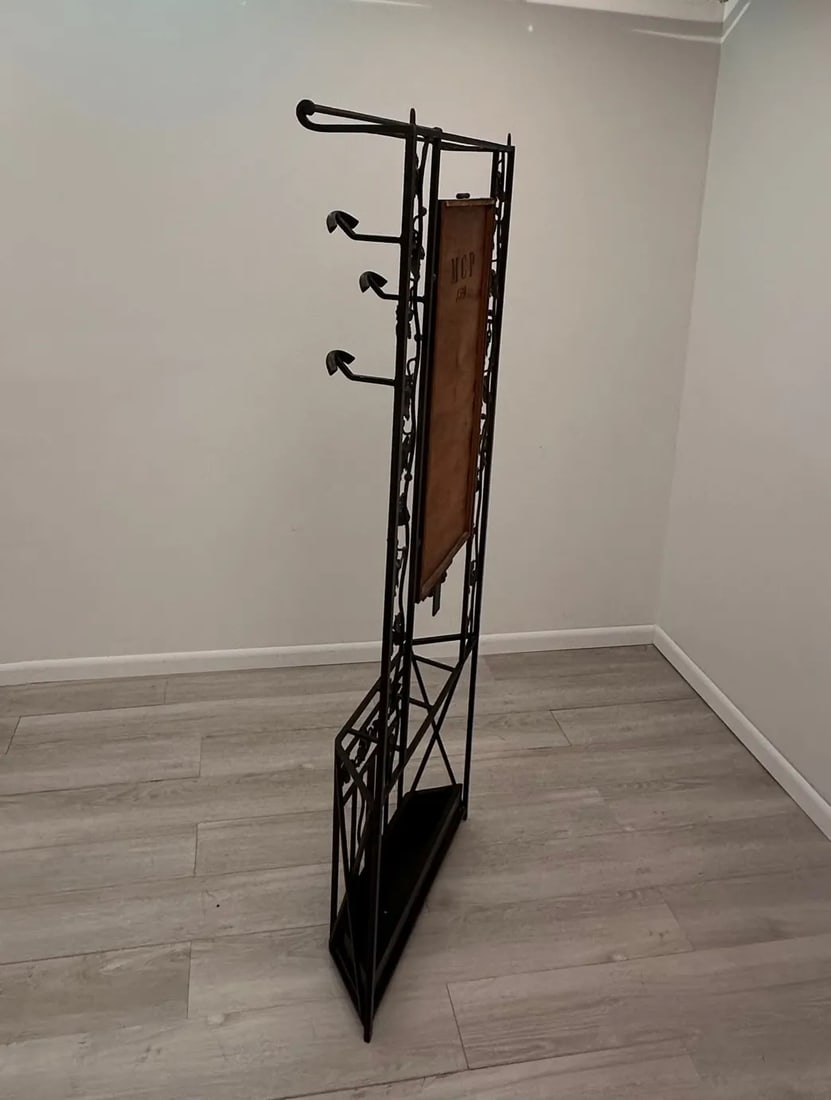 Vintage French Art Deco Iron Hall Hat & Coat Rack With Mirror - 12