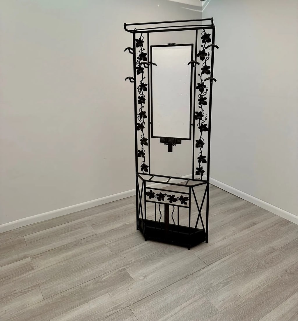 Vintage French Art Deco Iron Hall Hat & Coat Rack With Mirror - 13