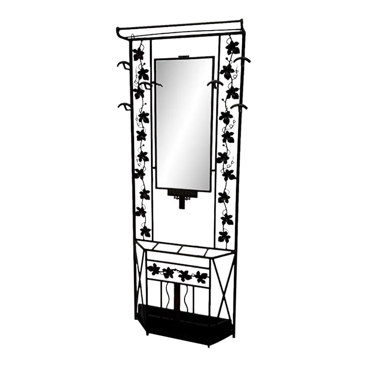 Vintage French Art Deco Iron Hall Hat & Coat Rack With Mirror: Beautiful and functional vintage French art deco hall hat stand having lovely leaf motife, central mirror, and hooks for hats or coats. There's also a place to put umbrellas underneath. Condition: