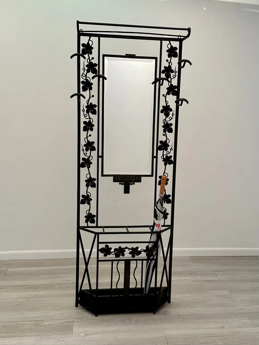 Vintage French Art Deco Iron Hall Hat & Coat Rack With Mirror - 2