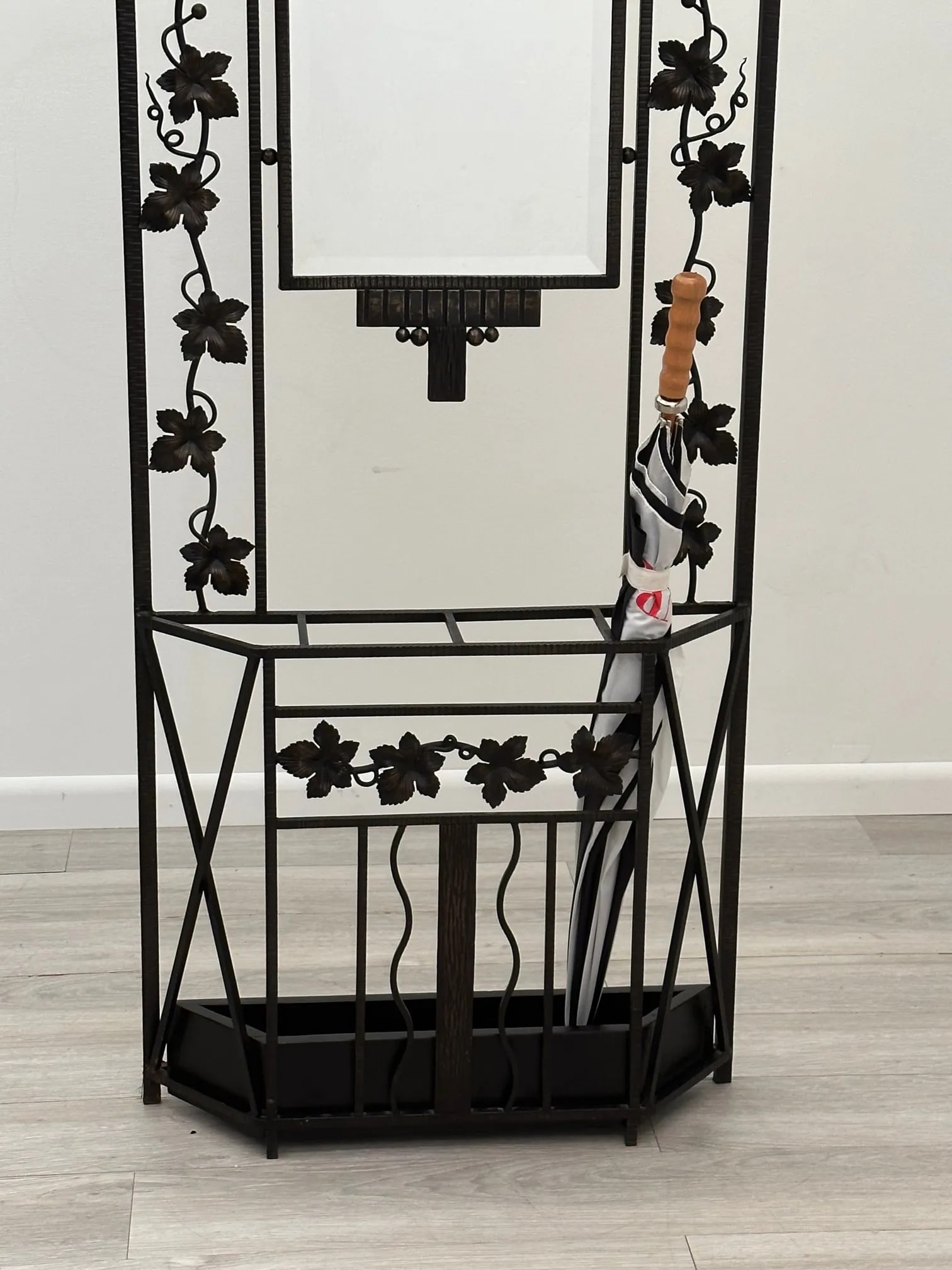 Vintage French Art Deco Iron Hall Hat & Coat Rack With Mirror - 5