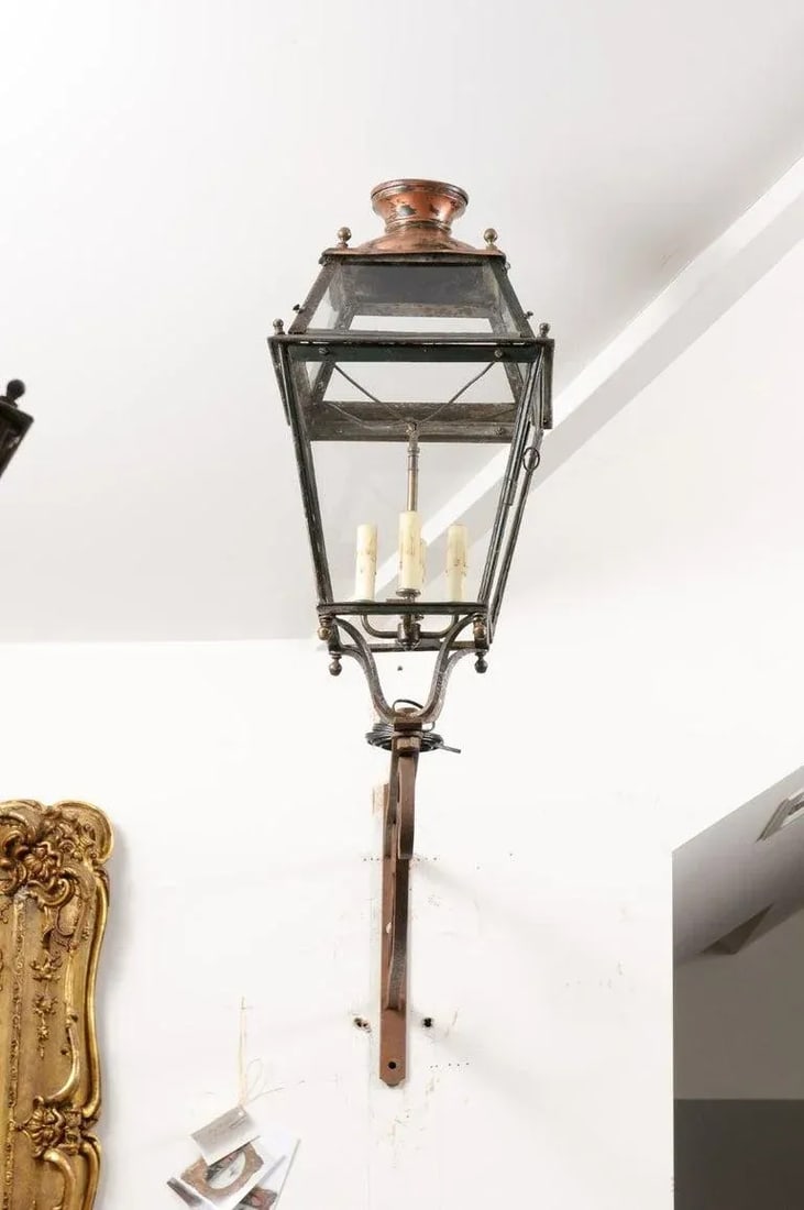 1890s French Iron and Copper Wall Lantern with Four Lights and Scrolling Bracket - 10