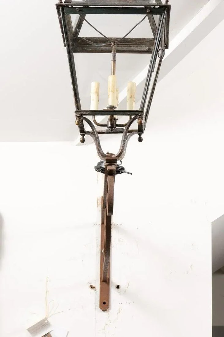 1890s French Iron and Copper Wall Lantern with Four Lights and Scrolling Bracket - 12
