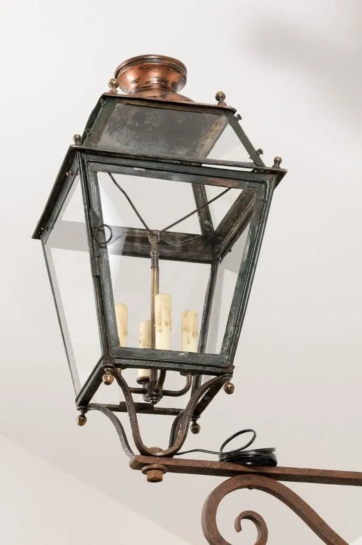 1890s French Iron and Copper Wall Lantern with Four Lights and Scrolling Bracket - 2