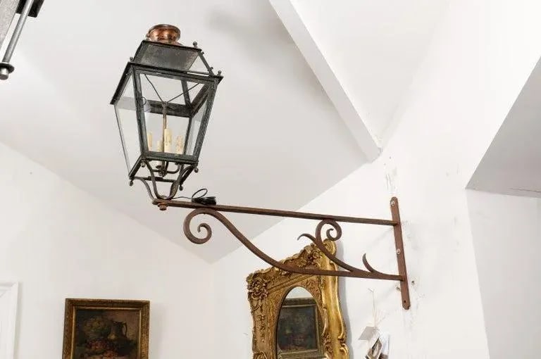 1890s French Iron and Copper Wall Lantern with Four Lights and Scrolling Bracket - 7
