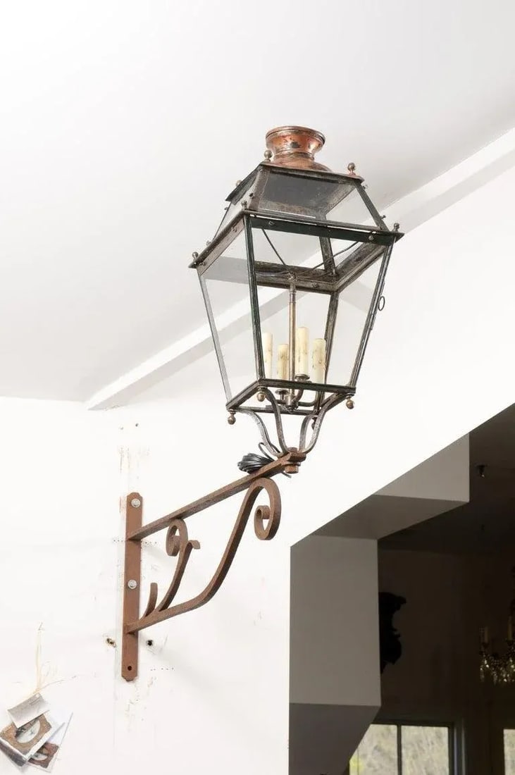 1890s French Iron and Copper Wall Lantern with Four Lights and Scrolling Bracket - 9