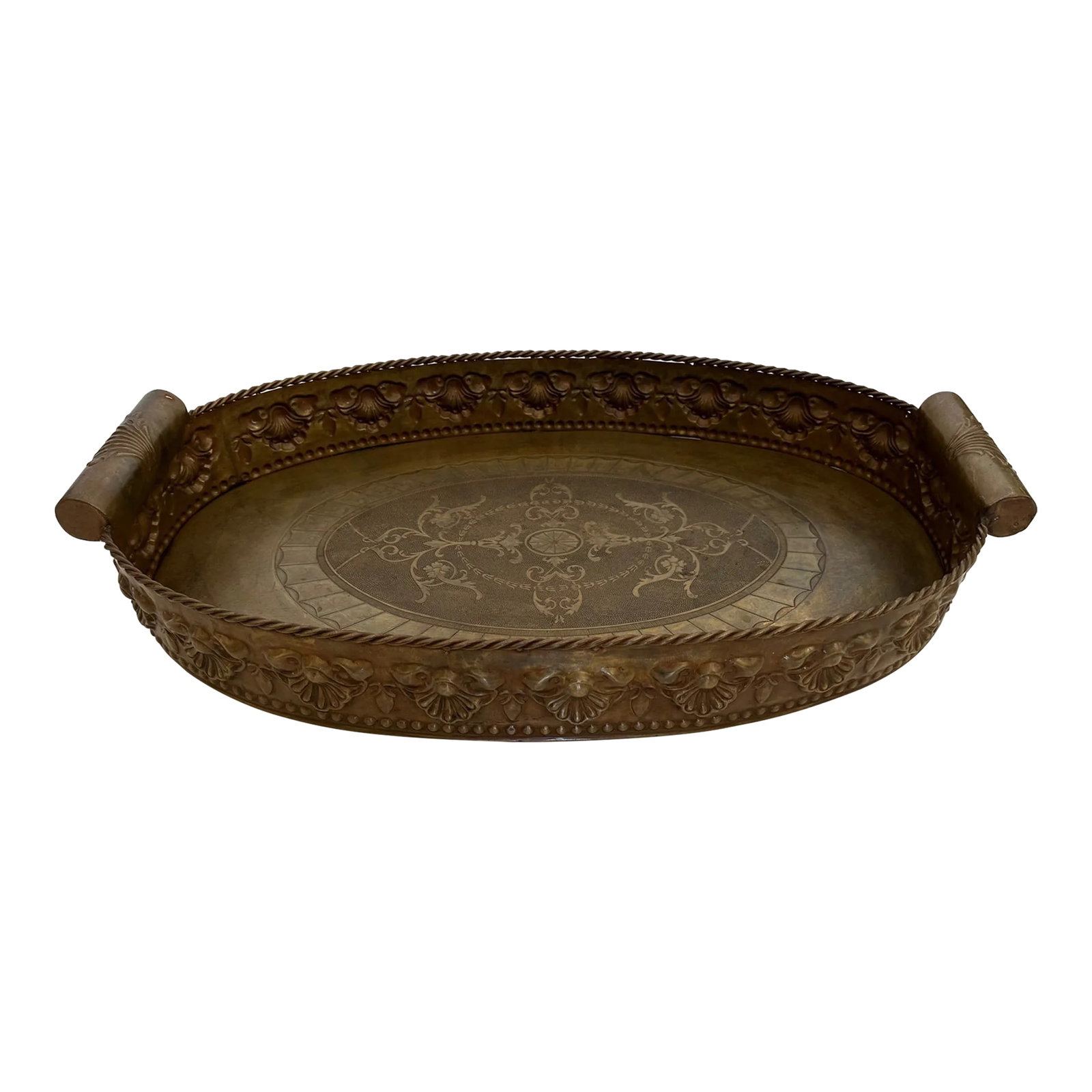 Continental Antique Oval Brass Gallery Tray: Elegant large and deep oval brass tray with ornate gallery and chunky handles. Condition: Alterations: Original Condition Unaltered Imperfections: Some Imperfections Condition Notes: Good. Wear