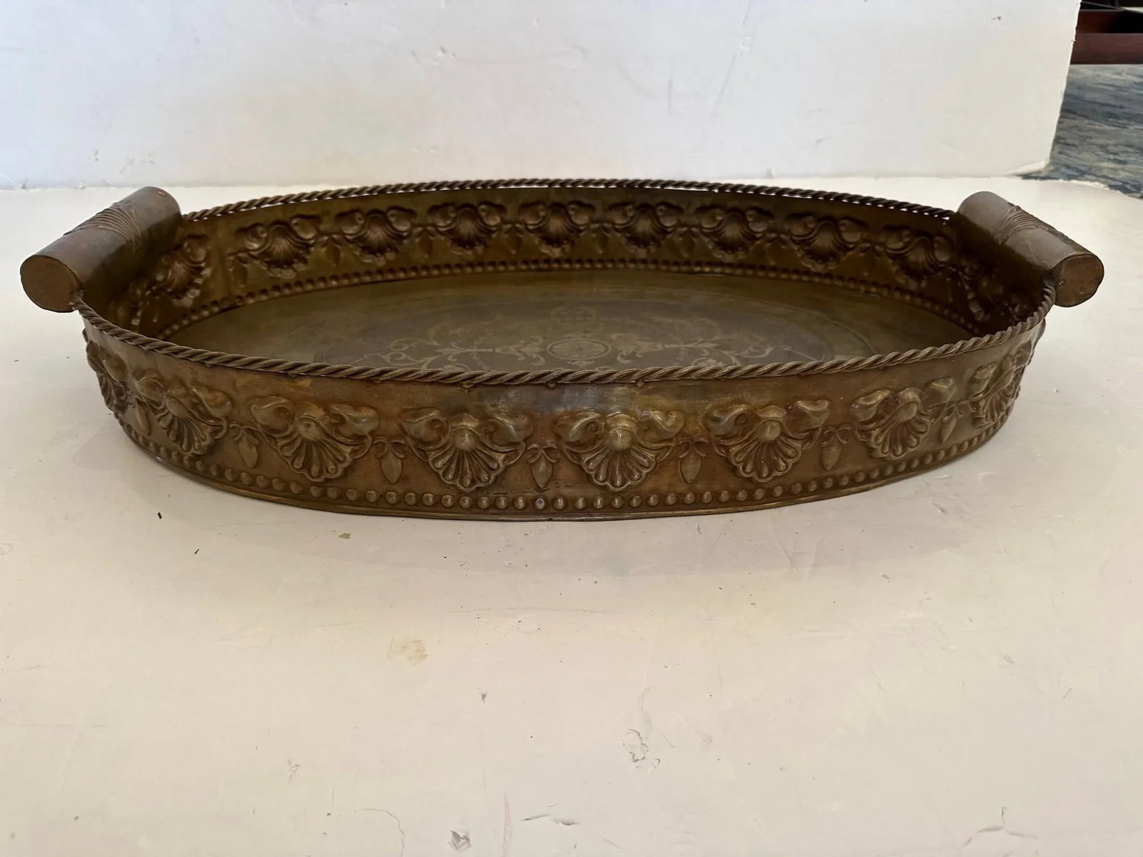 Continental Antique Oval Brass Gallery Tray - 2
