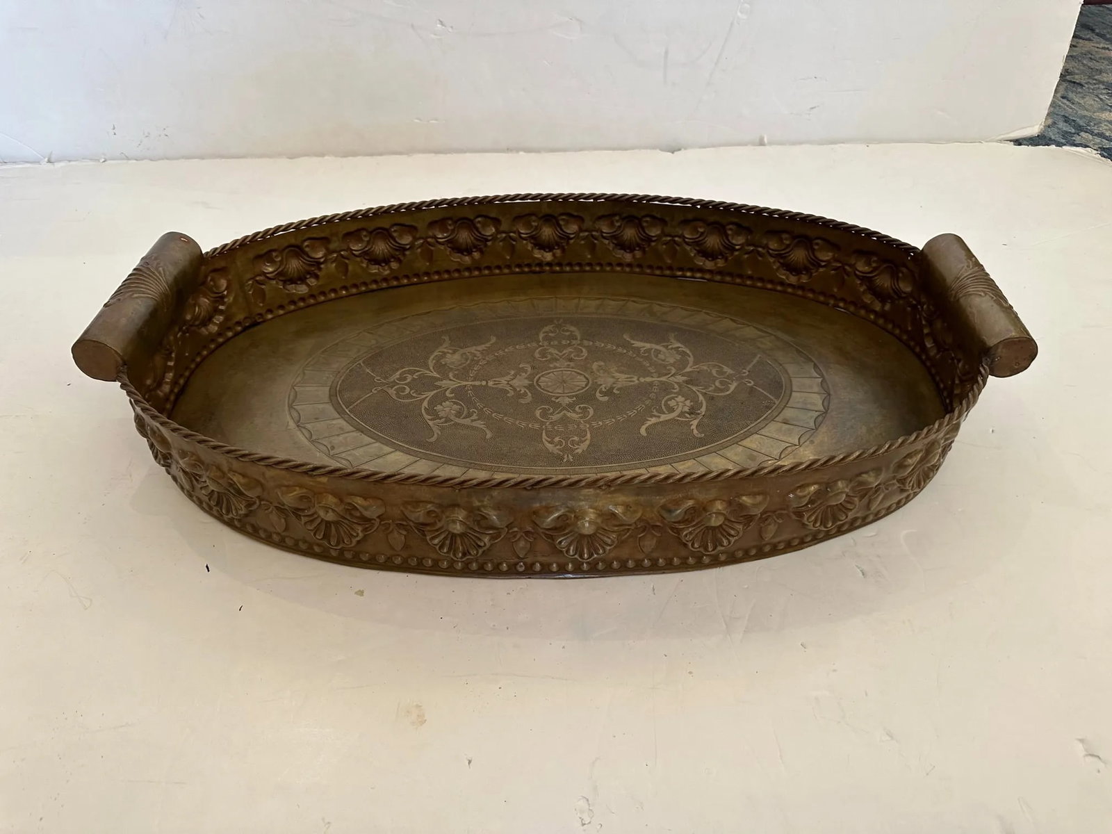 Continental Antique Oval Brass Gallery Tray - 8