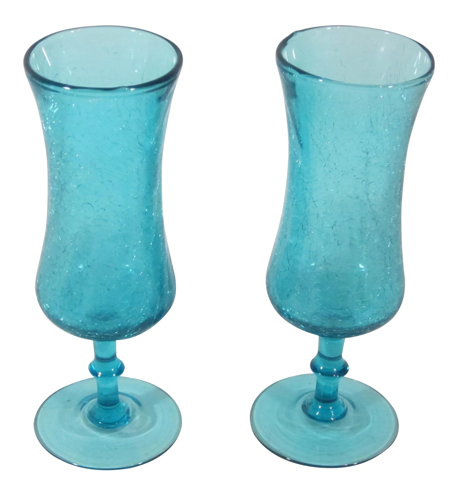 1960s Contemporary Turquoise Crackle Glass Vases - a Pair: Vintage pair of hand blown teal art glass crackle vases with applied stemmed bases. Condition: Alterations: Original Condition Unaltered Imperfections: Some Imperfections Condition Notes: Excellent