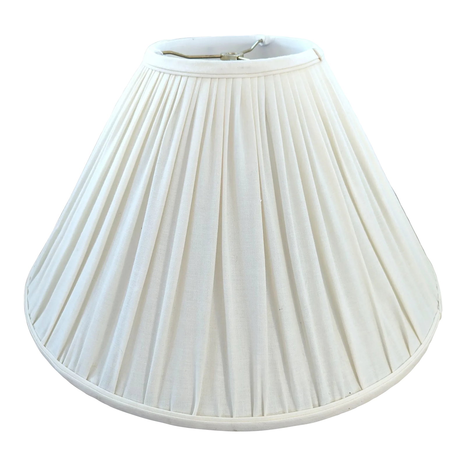Gather Pleat White Lamp Shade: This is a classic white fabric lampshade with with vertical pleating has a soft, textured appearance. The top is reinforced with a metal frame for stability, and the bottom flares out elegantly. This