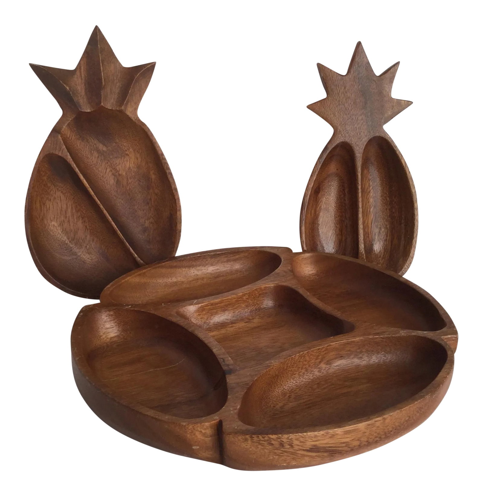 Monkey Wood Serving Trays - Set of 3: A set of three different pieces all genuine monkey wood, made in the Philippines. The large serving tray has five carved sections, one square center and four oblong around it forming a round serving