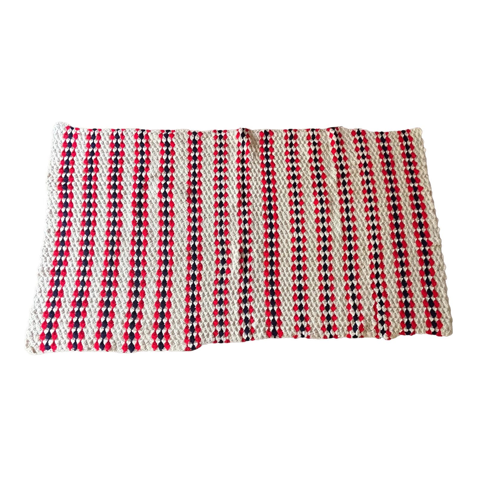 1960s Patriotic Striped Red White & Blue Afghan Throw Blanket: This top quality red white & blue throw blanket or Afghan is vintage but was never used! It's so Nantucket. It looks fresh & new with a strong vintage vibe. It's in excellent new condition. Perfect