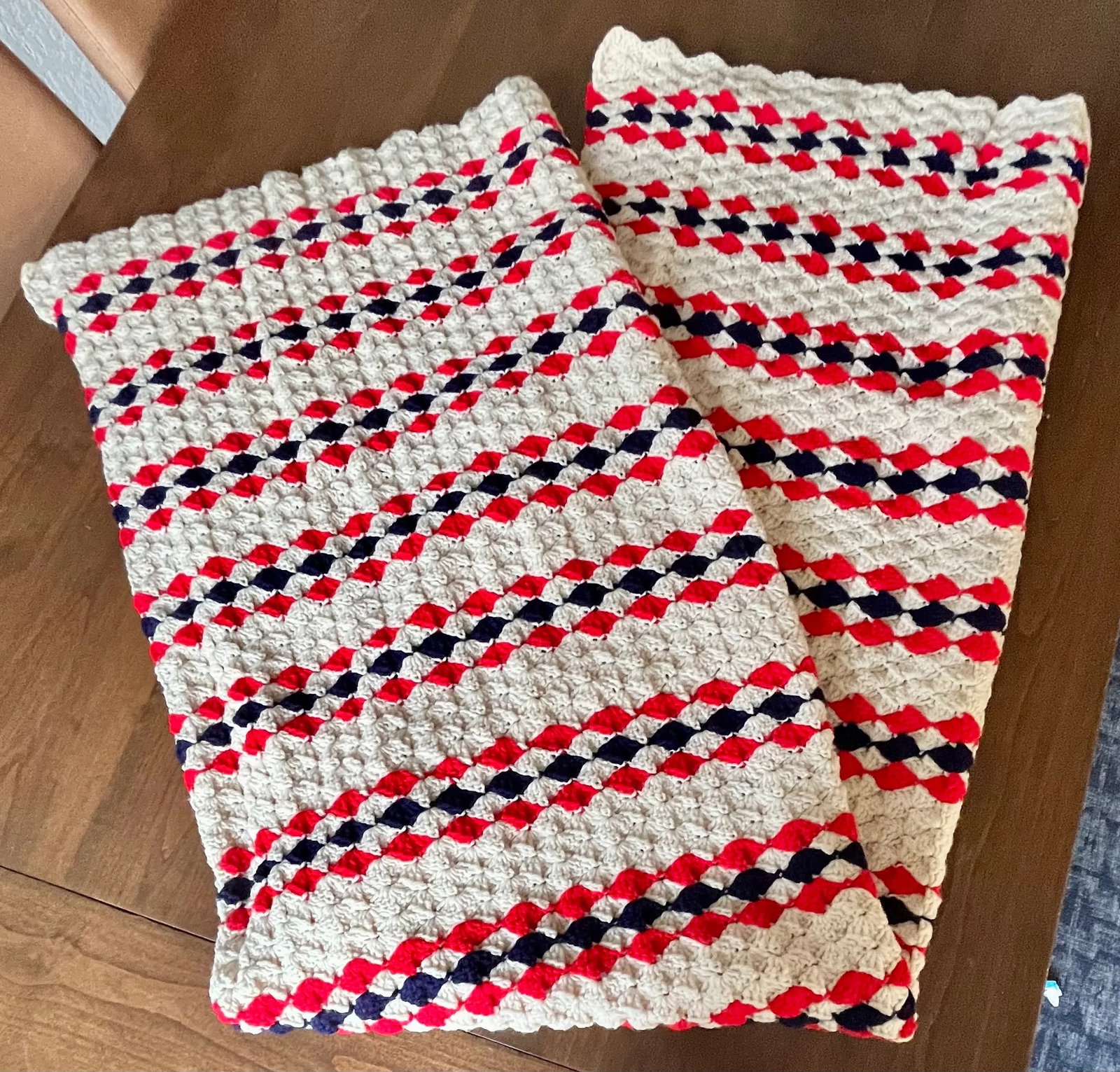 1960s Patriotic Striped Red White & Blue Afghan Throw Blanket - 5